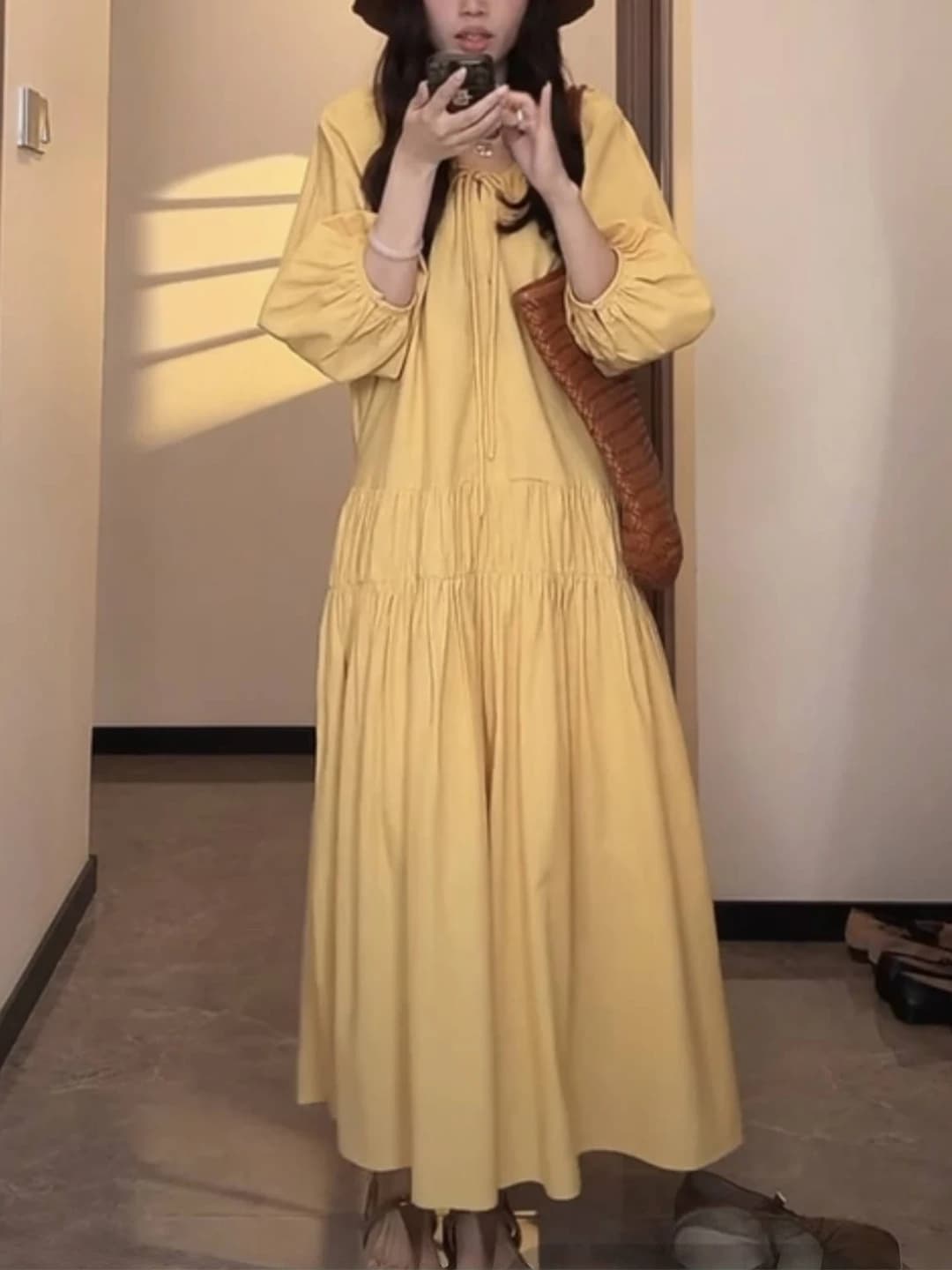 Elegant Vintage Lantern Sleeve Dress Women's Summer New Gentle Atmosphere Versatile Anti-Aging Belt Long Dress