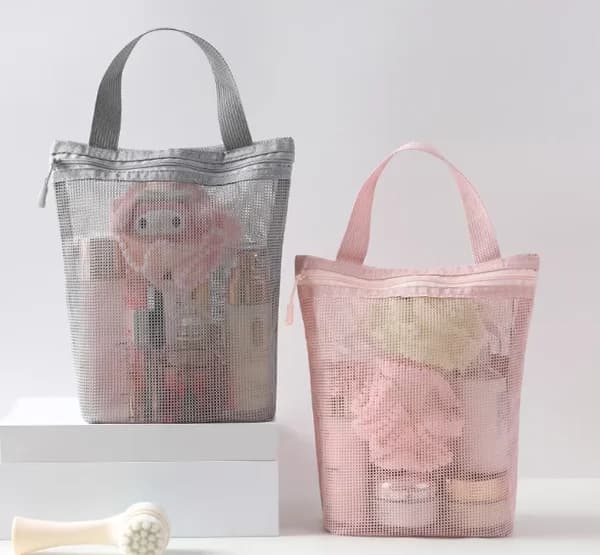 Borse portaoggetti in rete per trucchi e articoli da toeletta, borse a mano portatili da viaggio, organizer per attrezzi da doccia e lavaggio, custodia organizer cosmetica da appendere