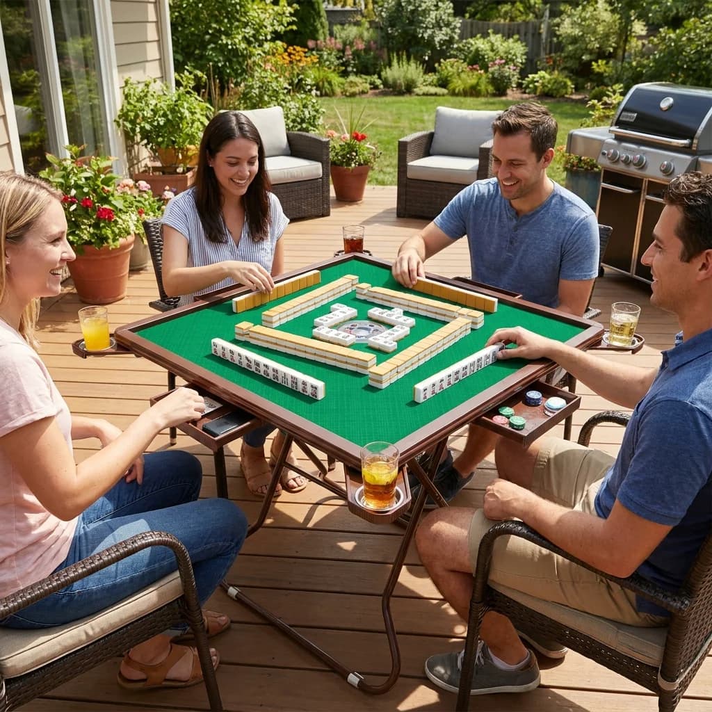 Foldable Portable Mahjong Table for 4 with 4 Cup Holders And 4 Drawers - Compact Travel Size Mahjong Board Game Set