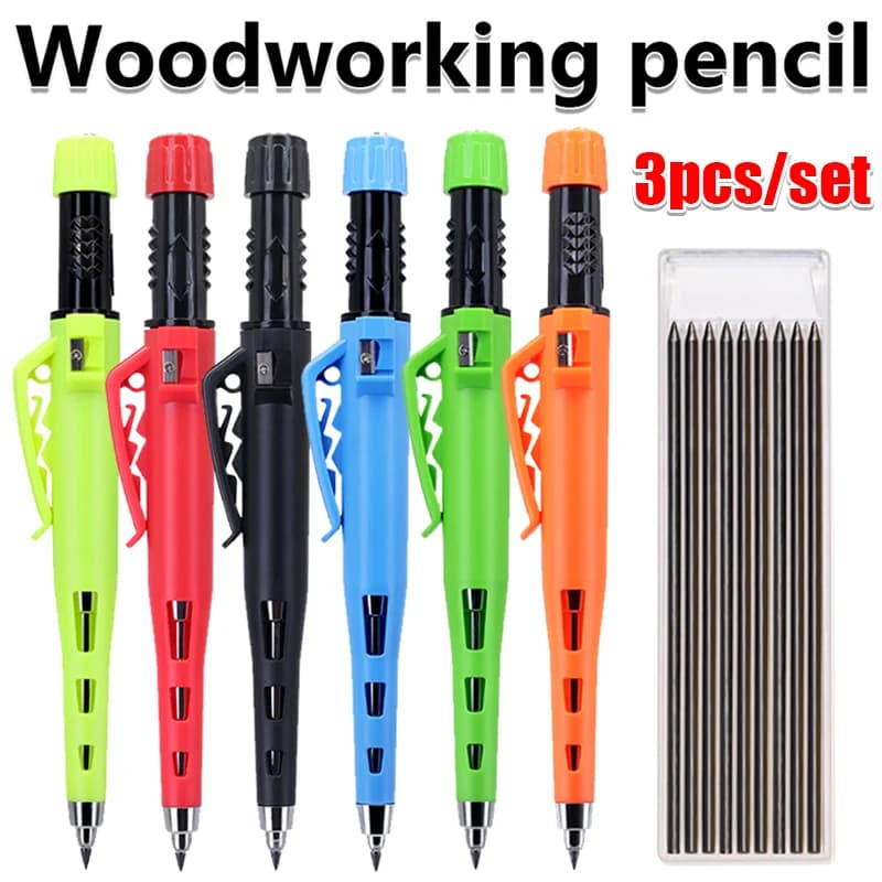 3pcs/set New 55mm Long Head Carpenters Woodworking Pencils With Pencil Cap, 2.8mm Woodworking Marking Pencil Drawing Tool