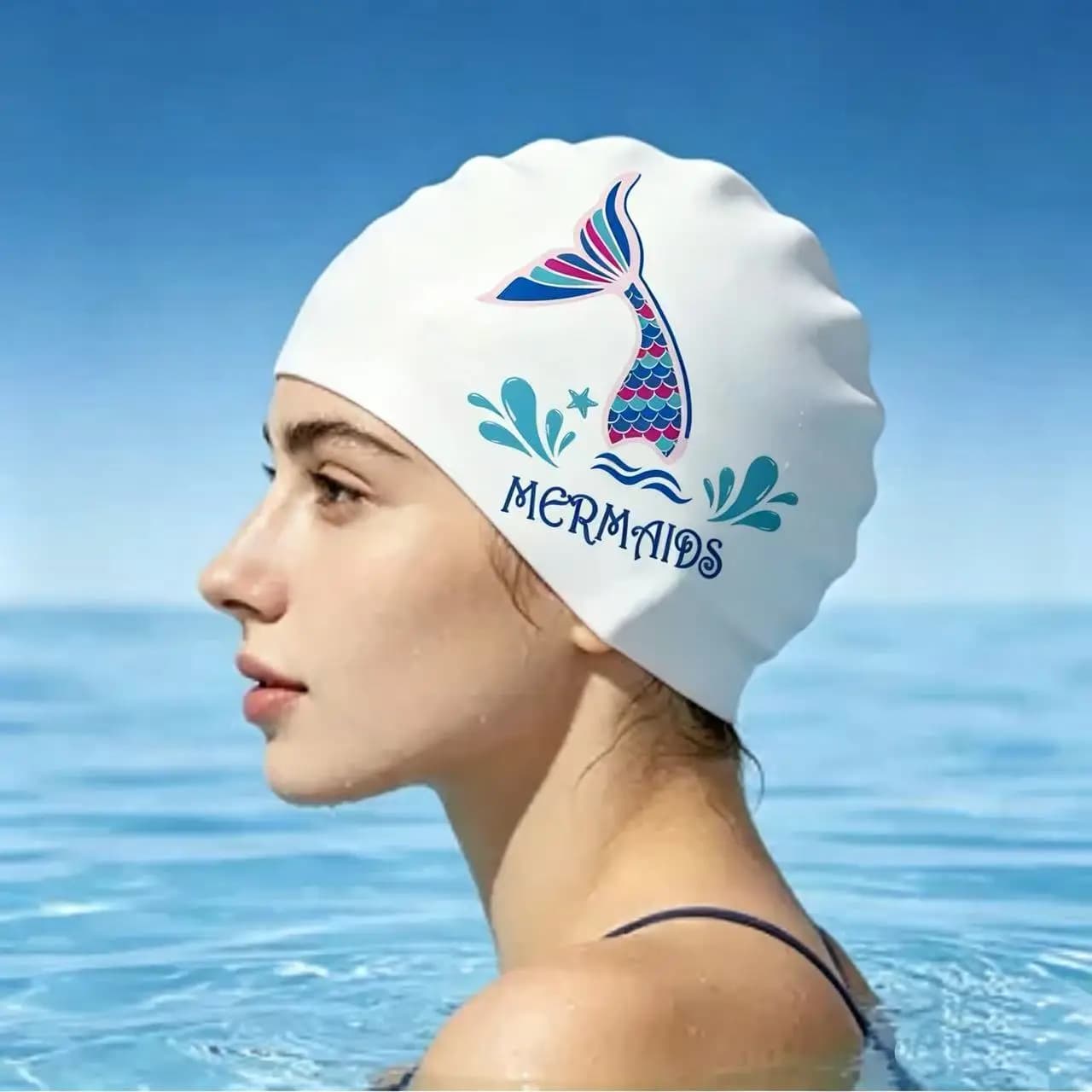 Silicone Swimming Cap with Mermaid Tail Print, Comfortable Stretch Waterproof Swim Hat for Adult Women, No Pull Hair Professiona