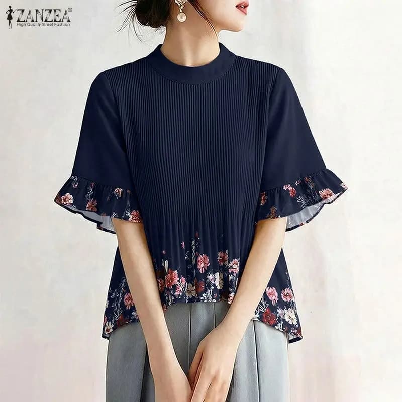 ZANZEA Women Summer Bohemain Holiday Tops Floral Patchwork Blouse Stand Neck Short Sleeve Pleated Blusas Elegant Work Shirt 2026