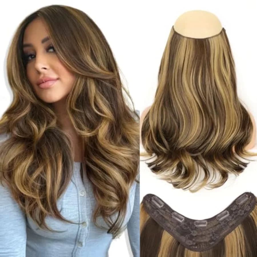 Long Wavy Hair Extensions for Women, Clip in Hair Extensions Clip Ins Soft Full Head Synthetic Hairpieces 16 Inch Balayage Choc