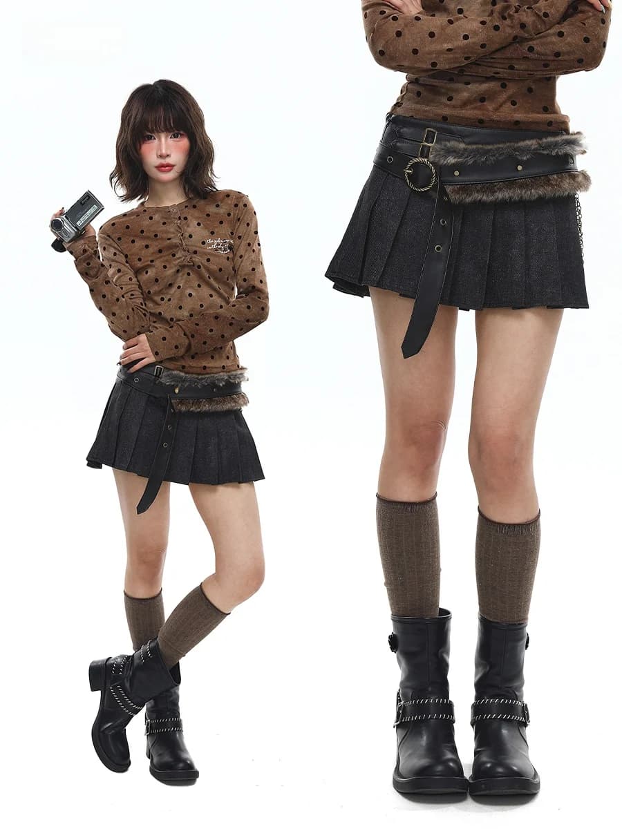 Gonna da donna Sanowers in pelle e pelliccia patchwork stile americano a vita bassa, modello A, anti-trasparenza, con cintura