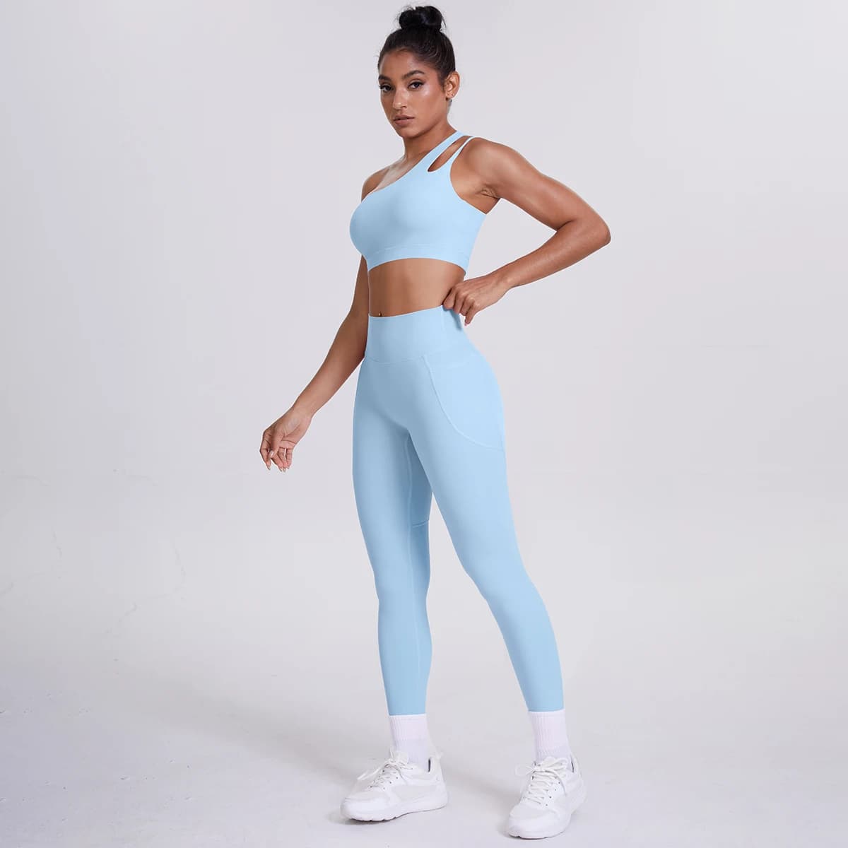Set tilted shoulder bra Solid color and yoga pants for women Yoga set for fitness gym fast drying legging