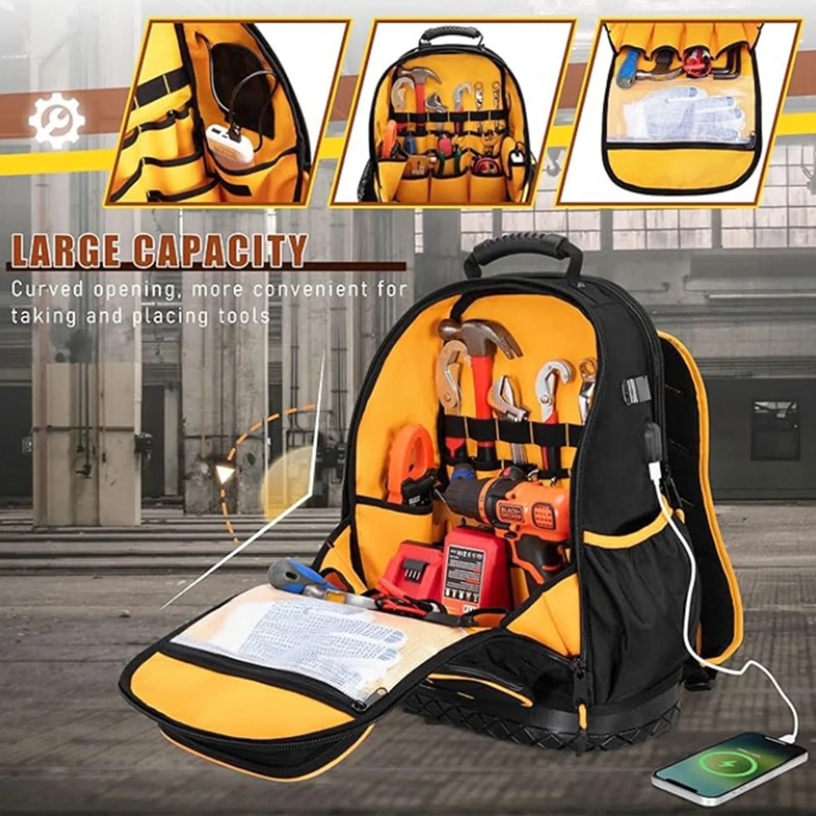 Zaino Porta Attrezzi con Tasche Multiple, Scomparto Imbottito per Laptop, Tessuto Oxford, Fondo Rigido, con Custodia per Cavo Tipo C