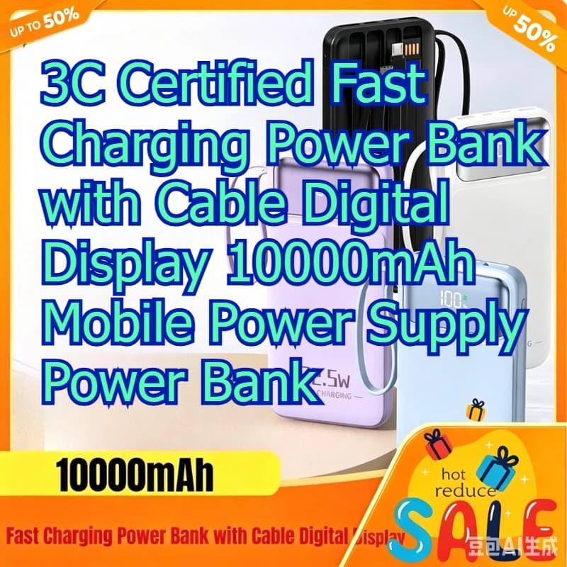 3C Certified Fast Charging Power Bank with Cable Digital Display 10000mAh Mobile Power Supply Power Bank