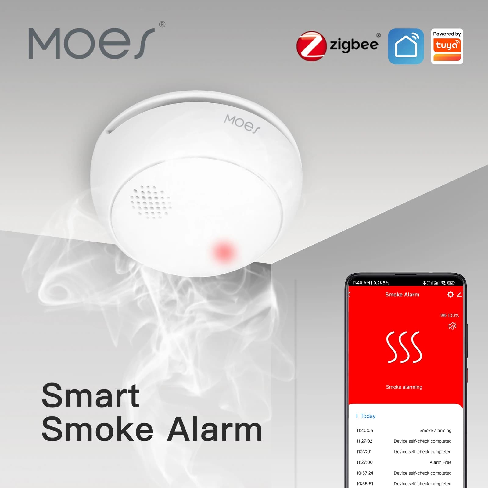 ZigBee smoke detector, fire alarm sensor, Tuya smart home, kitchen safety monitor, fire protection sensor