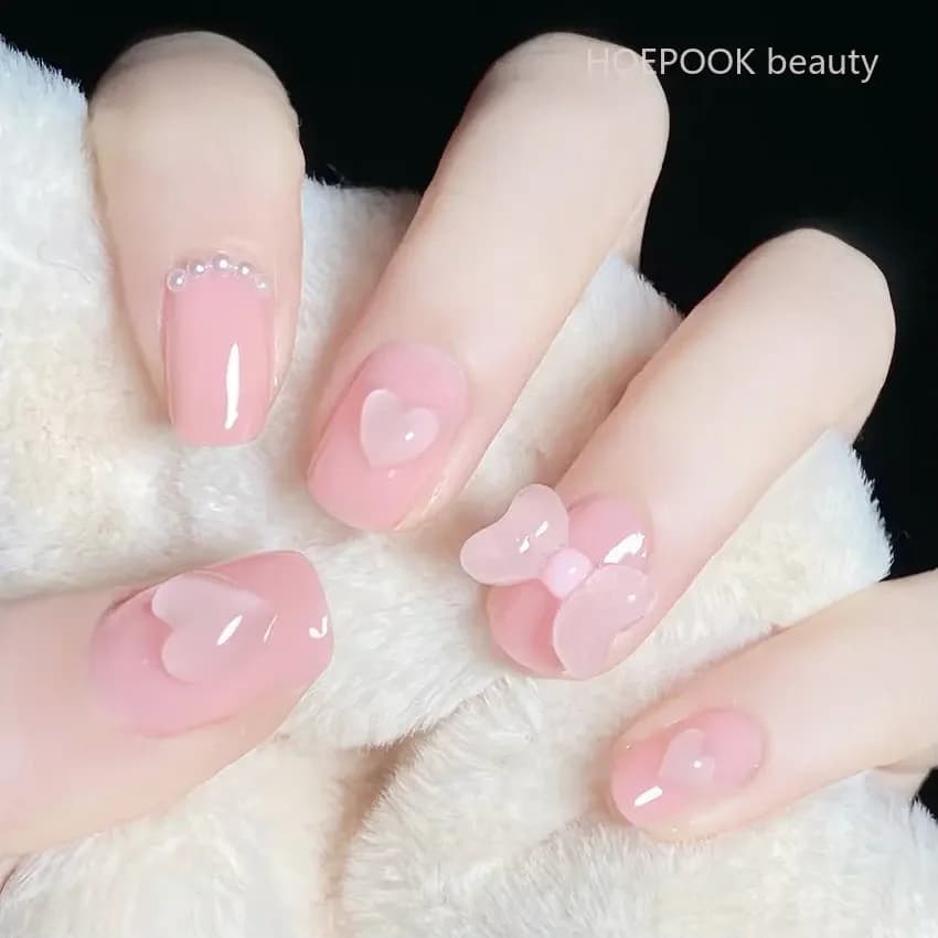 24pcs Pink Bow Heart Short Coffin unghie finte con colla rifinita unghie finte riutilizzabili Art rimovibile Full Cover Press On Nail Set