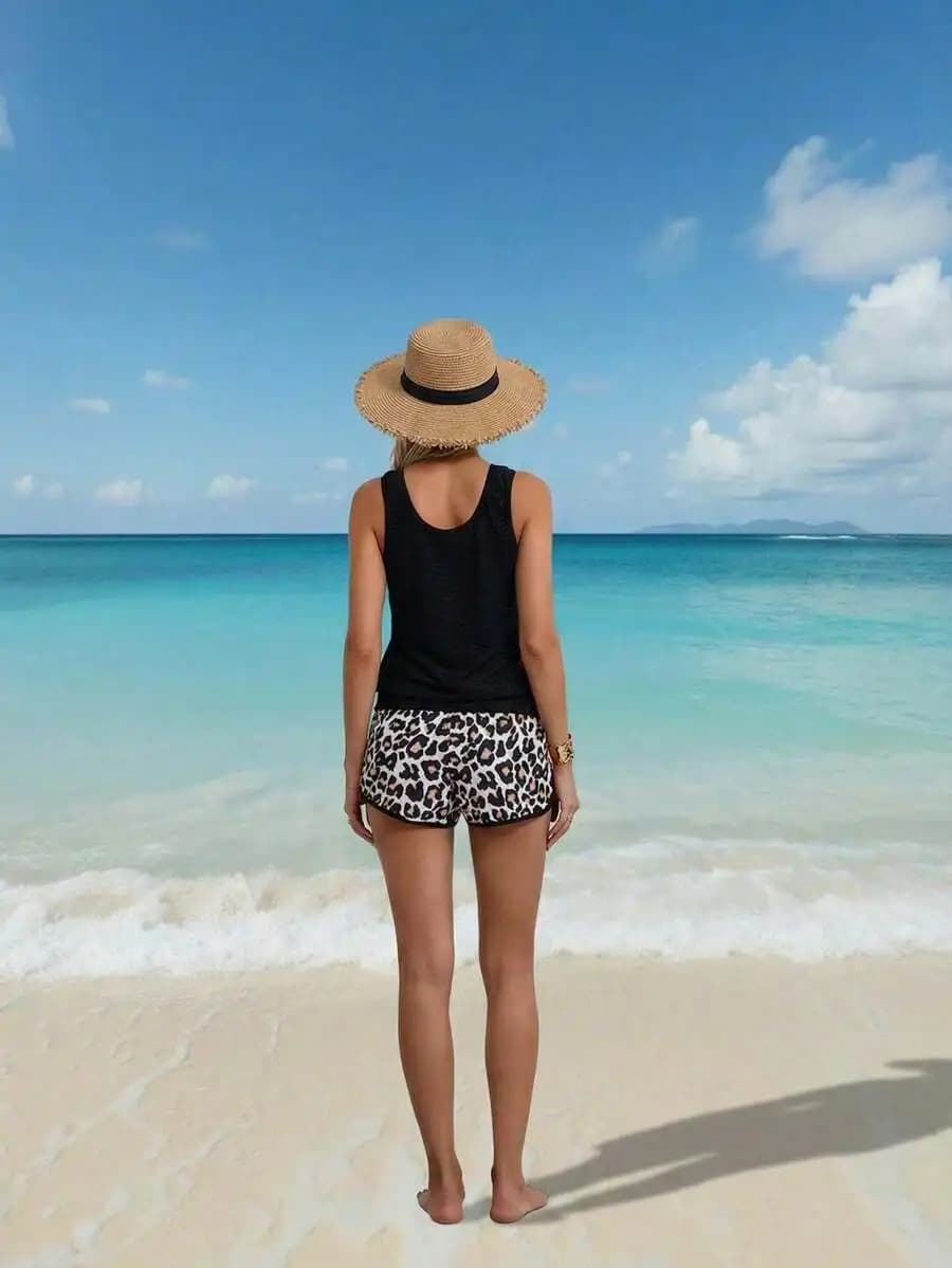 Set costume da bagno con canotta nera testurizzata e pantaloncini con stampa leopardata