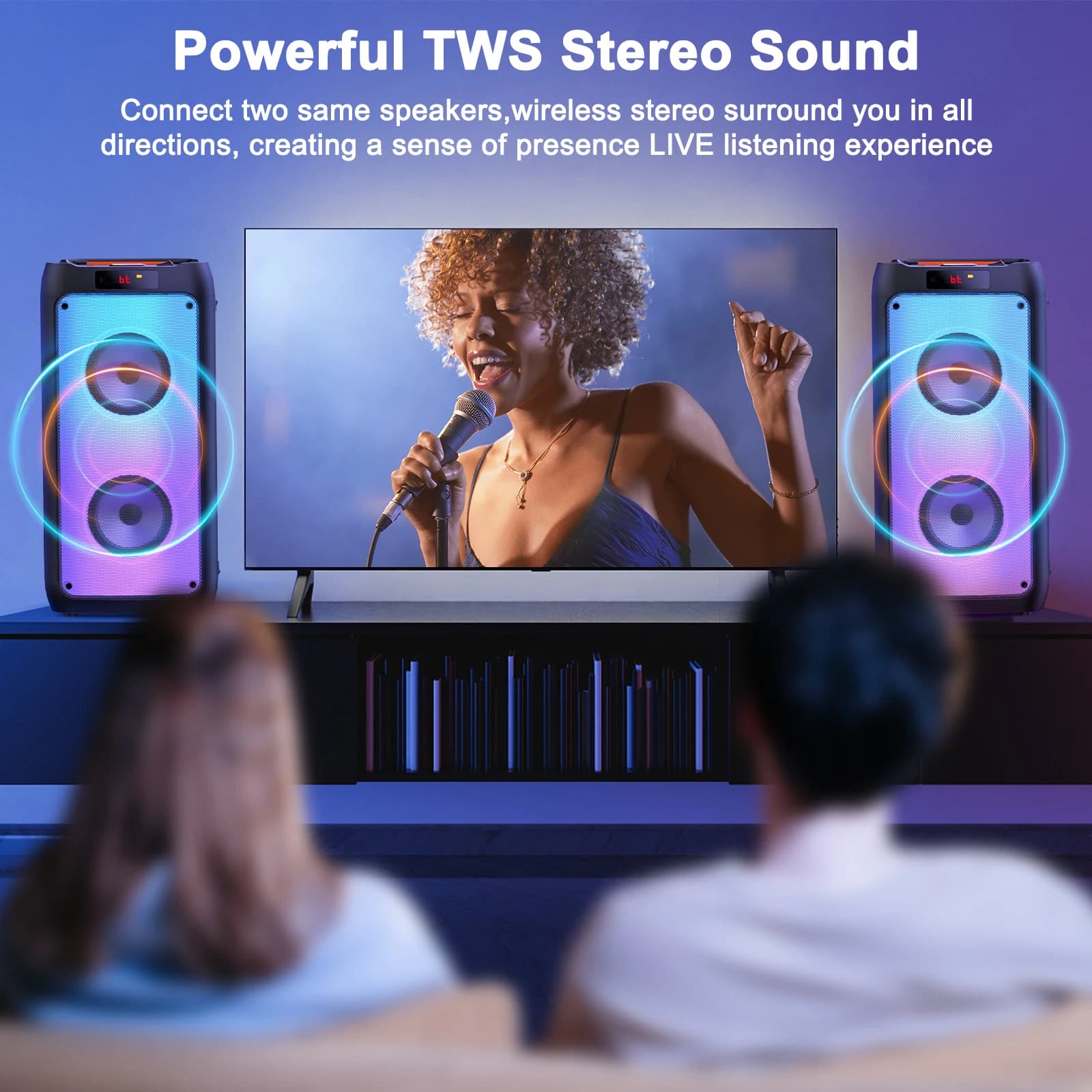 T10-T Karaoke Machine with 2 Wireless Microphones, Portable Bluetooth Speaker for Adults and Children, Large Party PA System