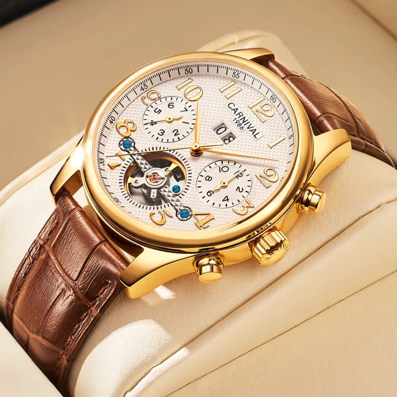 Carnival Brand Luxury Tourbillon Orologi Calendario in pelle Settimana Mese Orologio meccanico di fascia alta Orologio automatico da uomo d'affari