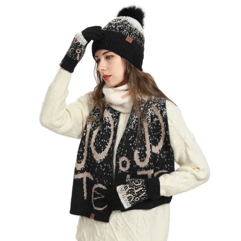 Set di 3 pezzi di guanti per cappello e sciarpa in pile di visone ispessito jacquard da donna con ago invernale 2025