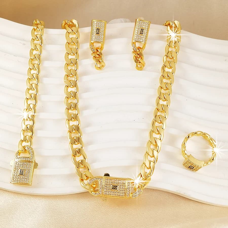 Set di Gioielli Lusso Placcato Oro con Catena Cuban Link, Collana con Chiusura a S in Cristallo, Orecchini e Anello per Donna, Gioielli Hip Hop da Festa