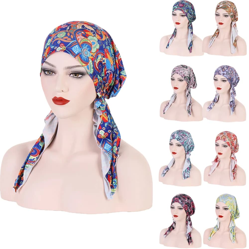 2025 nuove donne stampa berretto chemio cappello cofano africano hijab musulmano due code foulard berretti cappello contro il cancro pre-annodato perdita di capelli copricapo
