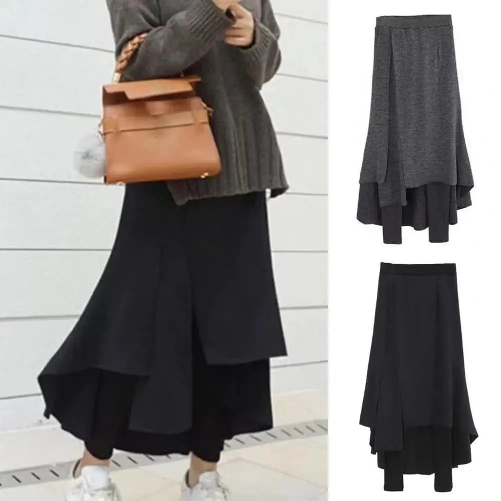 Gonna finta in due pezzi Pantaloni a vita alta Elastico Irregolare Orlo diviso Leggings addensati Gonna Donna Fodera in pile Maxi Skort