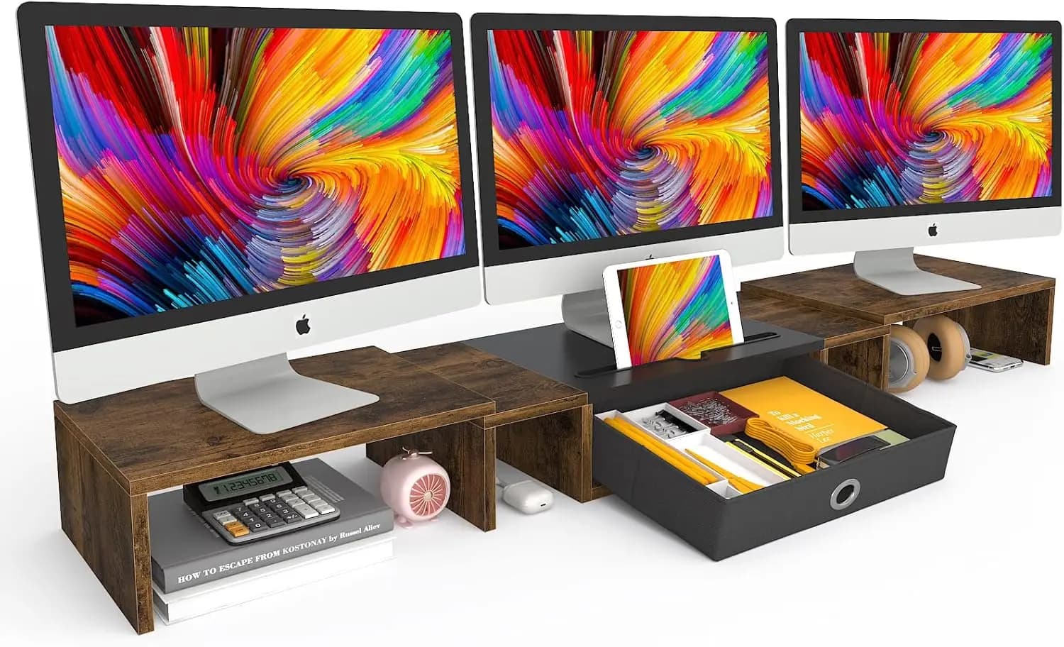 Adjustable support for Three Monitors with Drawer, Large Desk Organizer for Computers, Laptops, Printers
