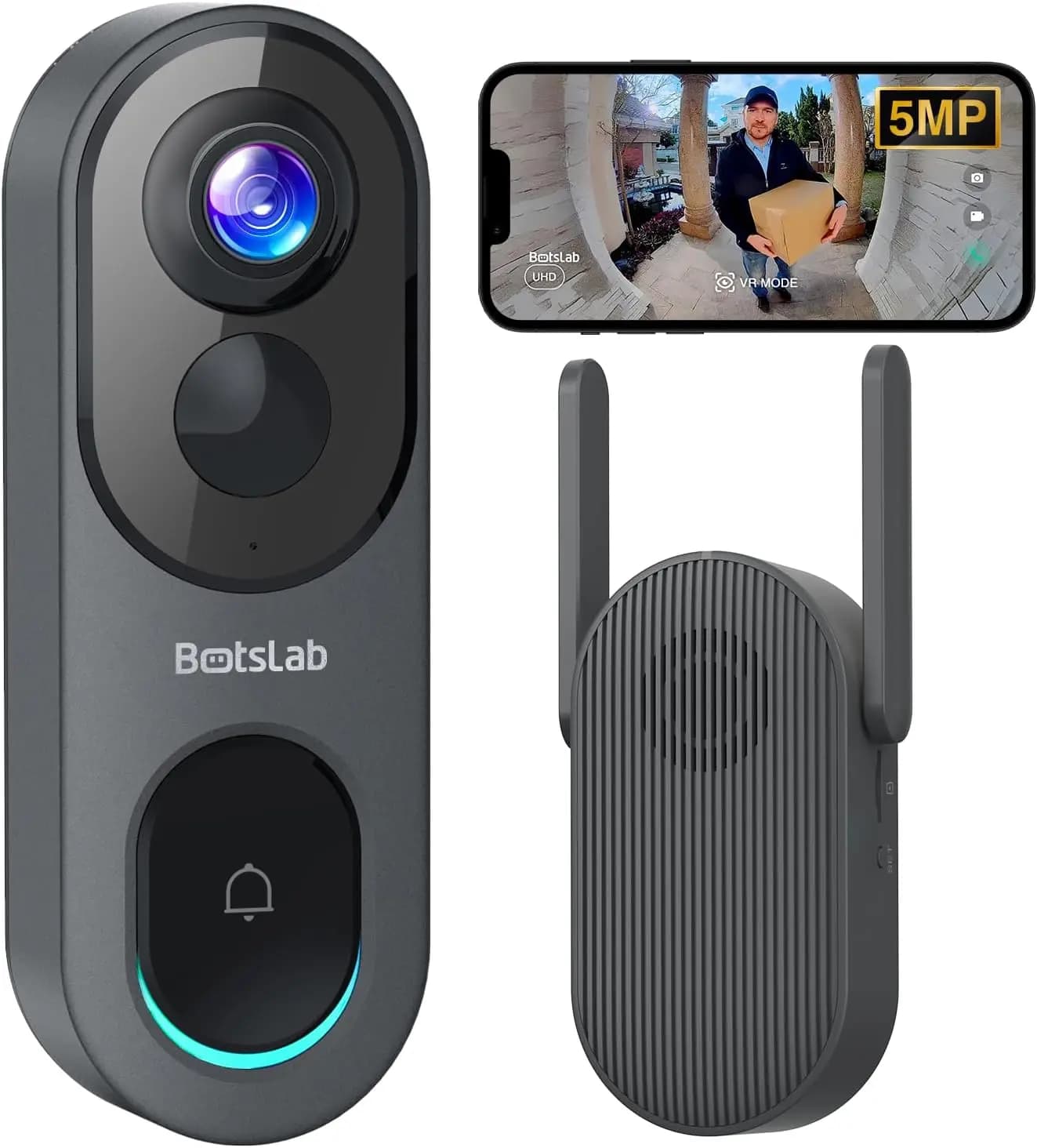 Campanello Video Wireless 5MP, 180° ° Visione notturna, Rilevamento del movimento AI, Alimentazione a batteria/cablata, Resistente alle intemperie