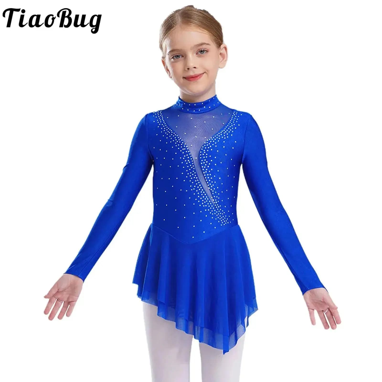 Vestito da pattinaggio di figura per ragazza per bambini, con strass, per balletto, ginnastica, body, color block, maglia trasparente, giuntura, tutu, costume da spettacolo di danza
