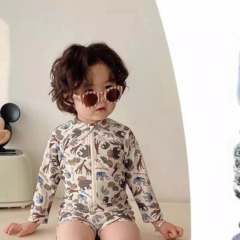 Summer Swimwear for Newborns Long Sleeved Print Cartoon Cerniera Solar Protection Swimwear Quick Drying Swimwear Children's Beach Clothing