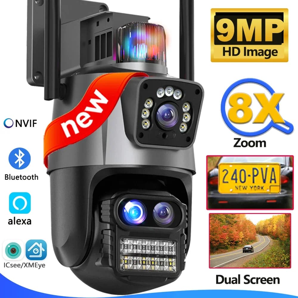 Telecamera WiFi da 9MP Telecamera di sicurezza con zoom 8X per esterni Video sorveglianza 4K Tre obiettivi Doppio schermo PTZ ICsee Alexa NVR Sicurezza CCTV