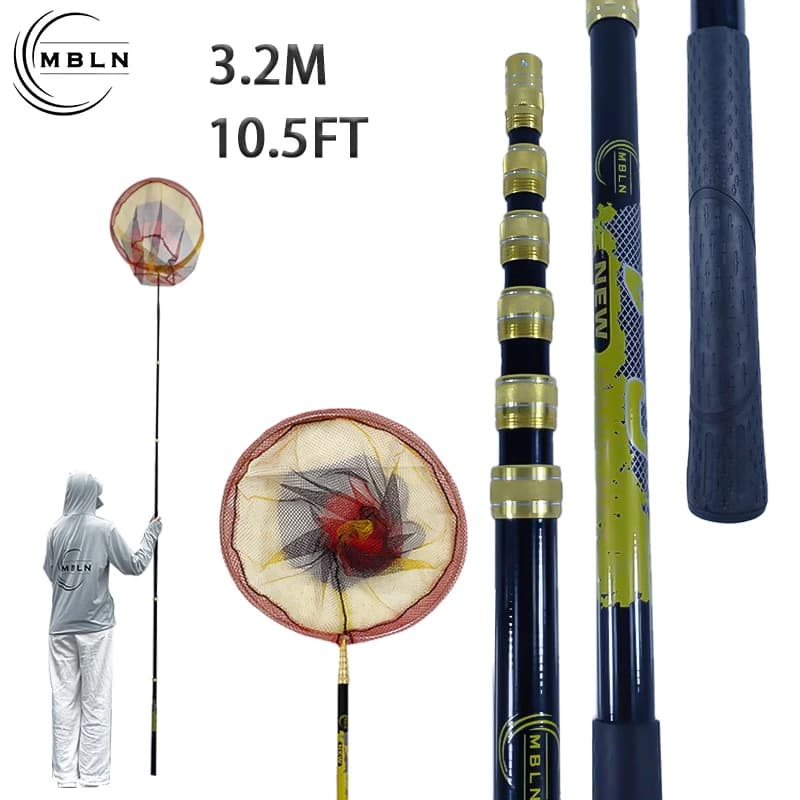 Guadino Telescopico MBLN in Fibra di Carbonio 3,2m, Testa della Rete Rivestita in Gomma Pieghevole 50cm, Manico Portatile Antiscivolo