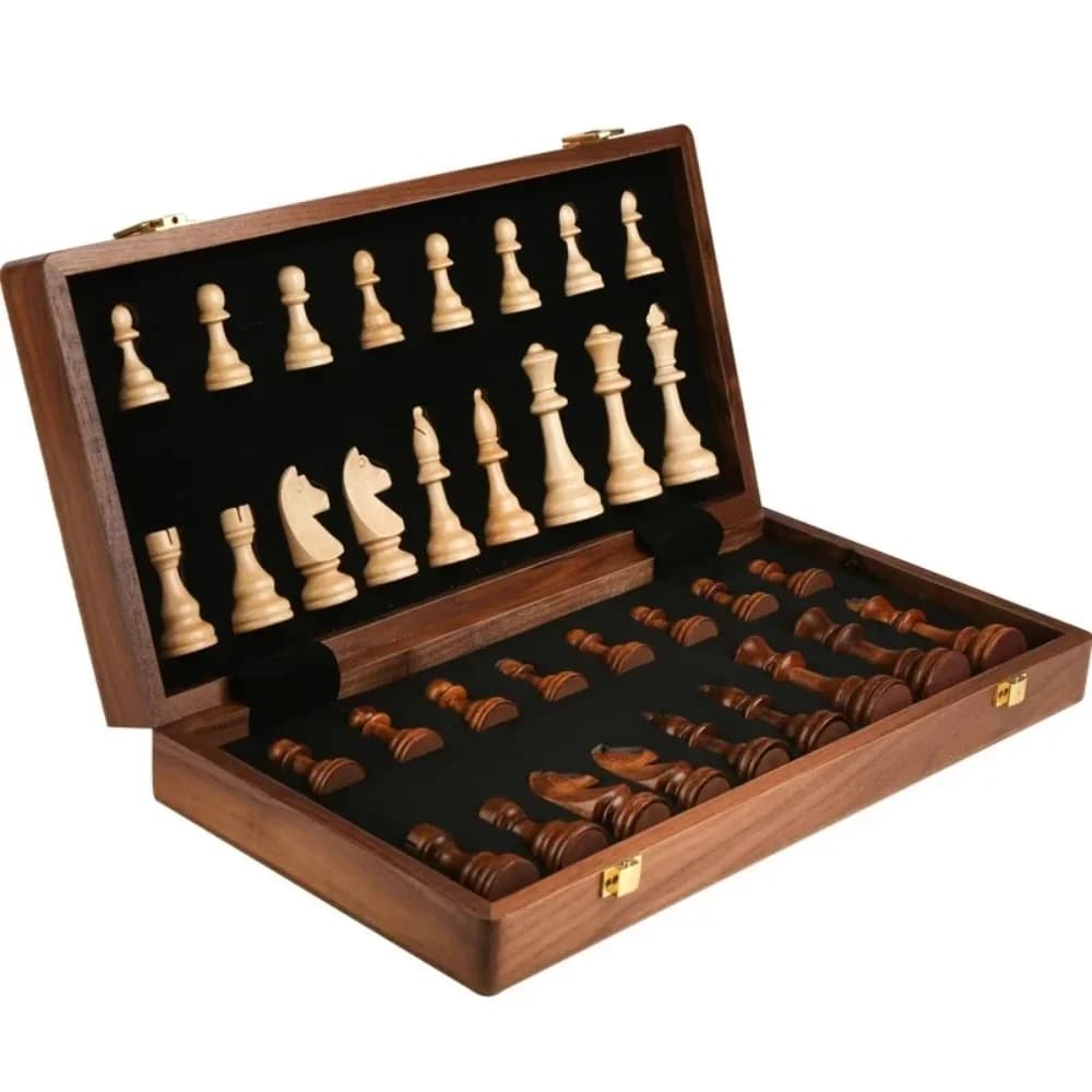 Set di Scacchi Pieghevole in Legno Premium, Pezzi Classici in Legno Massiccio con Scacchiera in Noce, Regalo Ideale per Bambini