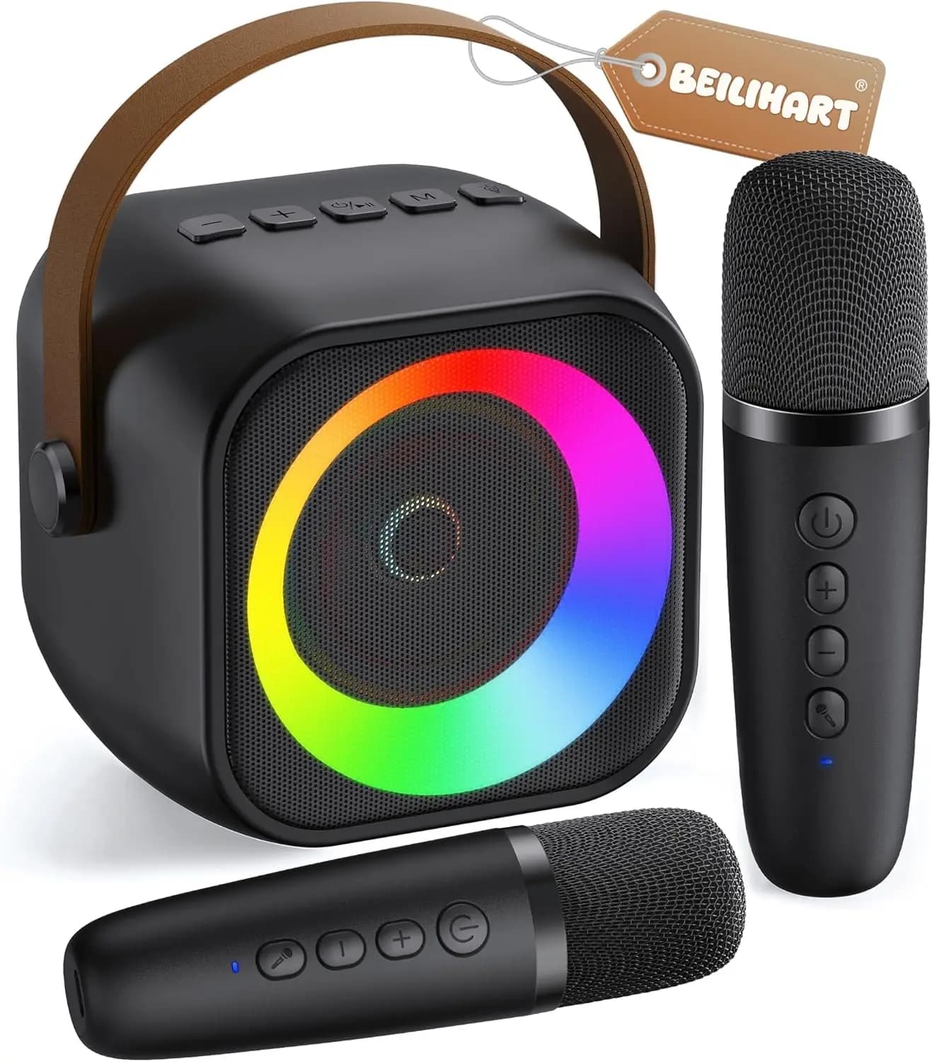 Mini Macchina per Karaoke, Altoparlante Bluetooth Portatile con 2 Microfoni Wireless e Luci per Feste