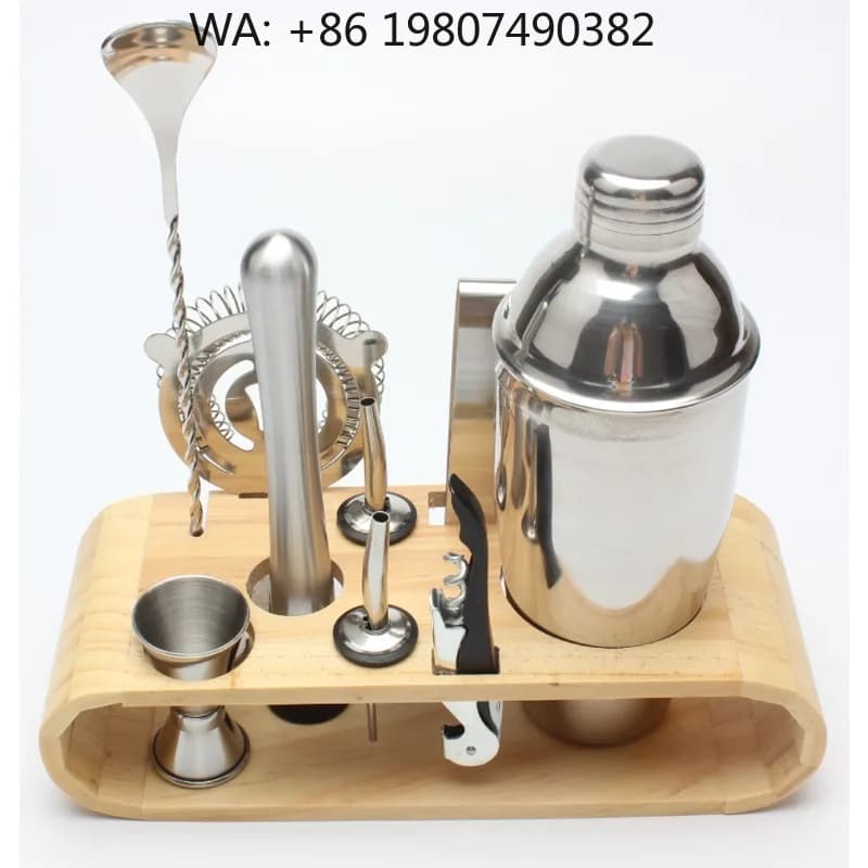 10Pcs Bartender Mixing Supplies, 550ml Boston Cocktail Shaker With Bamboo Display Stand, All Essential Barware Tools
