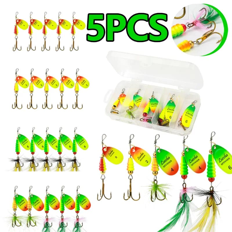 5PCS Fishing Feet Spinner Esca Rotante Paillettes Esca Treble Hooks Spinner in Metal Durum Esche Kit with Equipment Boxes