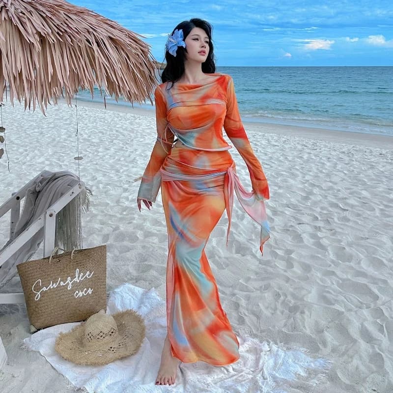 Tie Dye Print Bathing Suit Women 2 Piece Swimwear High Waisted Bikini with Long Skirt Cover Up
