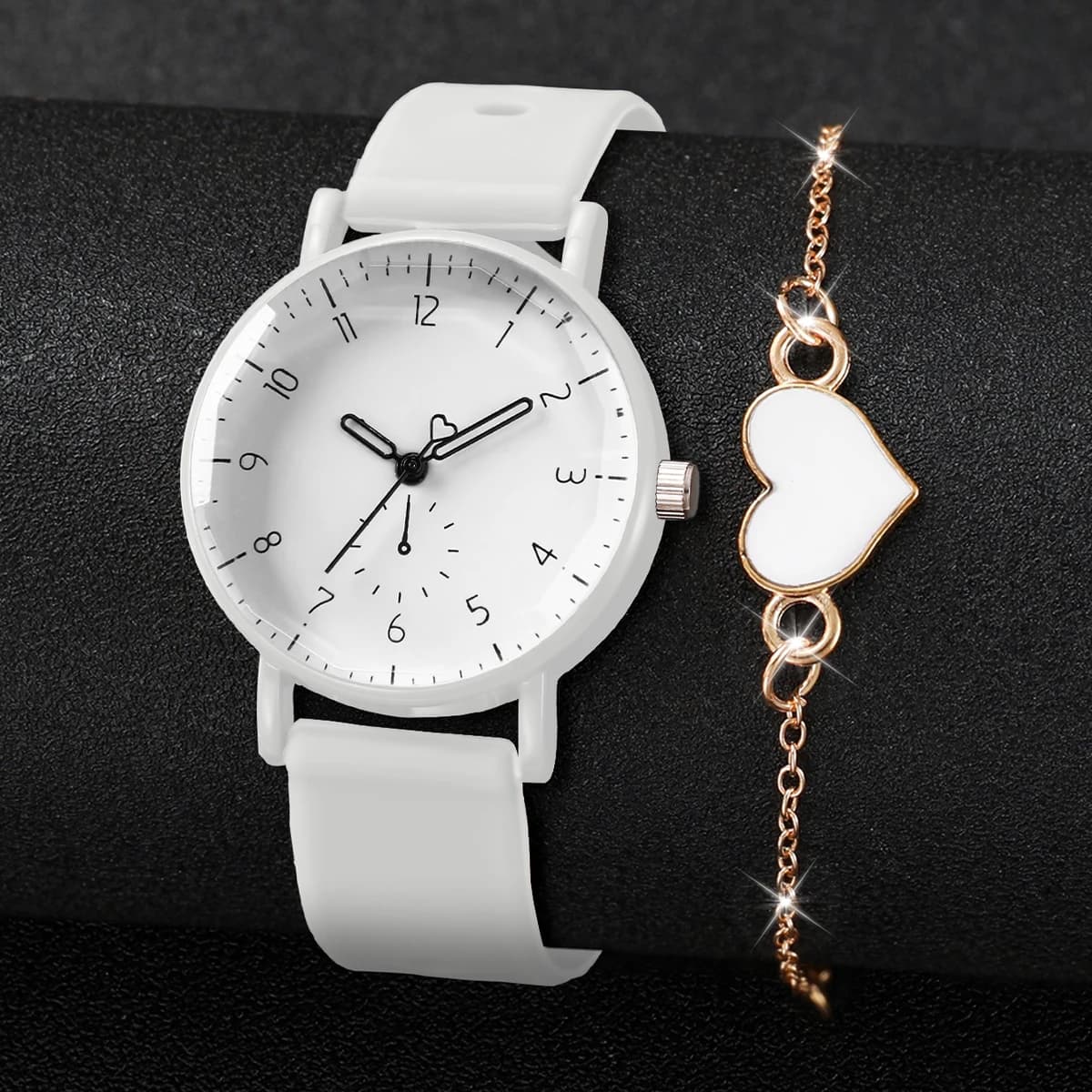 Set di 2 Orologi da Donna con Quadrante Arabo Semplice e Braccialetto a Cuore, Cinturino in Silicone alla Moda, Orologio da Polso Femminile (Senza Scatola)