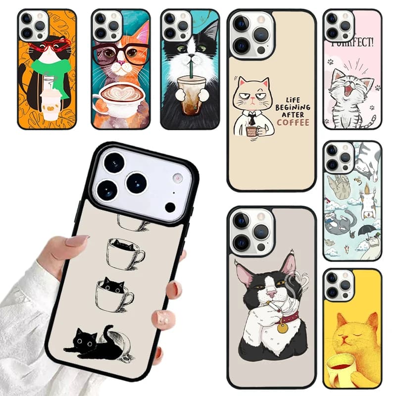 Cute Animal Cat Coffee Phone Case For iPhone 17 16 15 14 13 12 11 Pro Max 17air Shockproof Cover Fundas