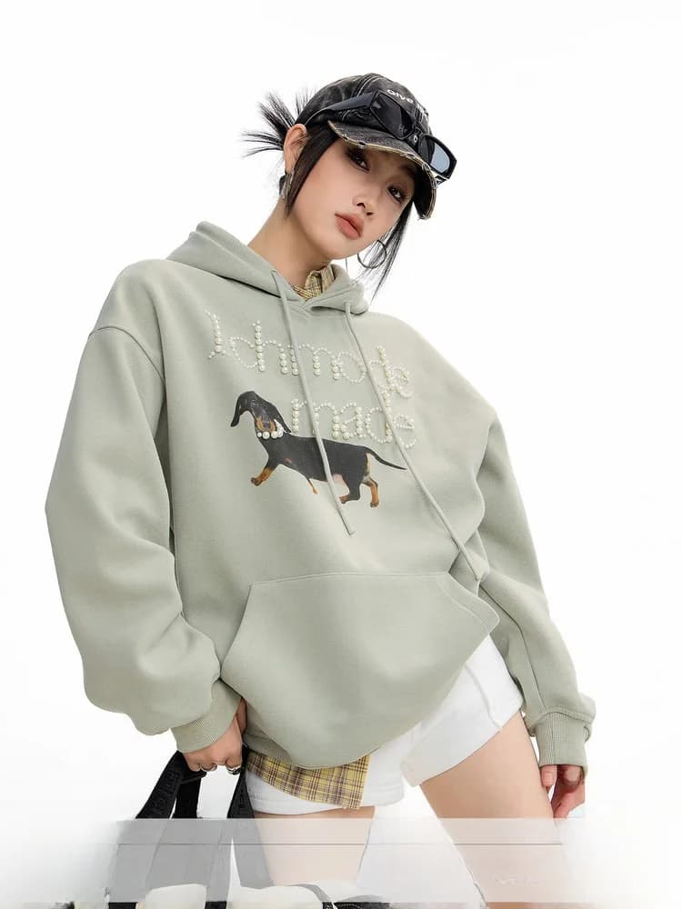 American Retro Pearl Hoodie Women's Loose Casual Versatile Top Coat ICH MODE Autumn New Style Comfortable Cotton Polyester Blend