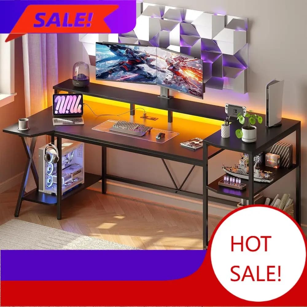 Scrivania da Gaming LED Illuminata 70.8 con Spazio di Archiviazione, Supporto Monitor, Prese di Corrente e Portabicchieri per Giocatori PC - Idea Popolare e di Tendenza