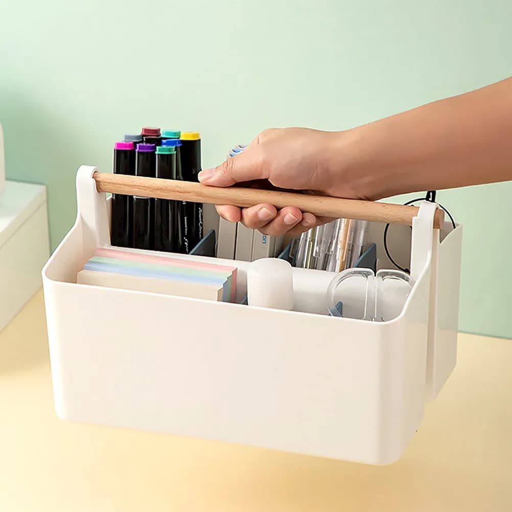 Scatola Portaoggetti in Plastica Colorata con Manico, Organizer da Scrivania per Pennarelli, Penne, Pastelli, Materiali per Artigianato e Oggetti Vari