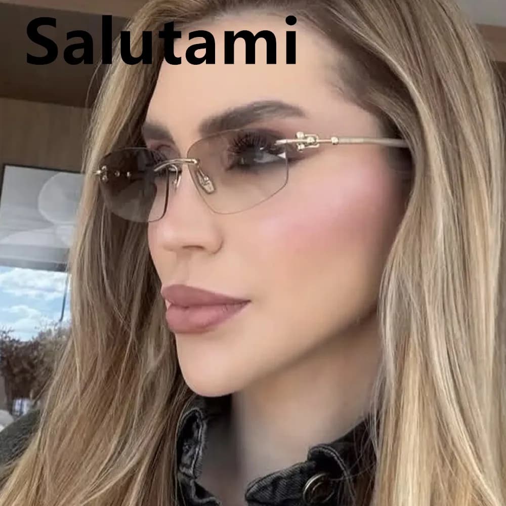 Occhiali da sole quadrati senza montatura da donna, nuovi occhiali da sole alla moda beige sfumati, eleganti occhiali da sole da donna in lega per la guida