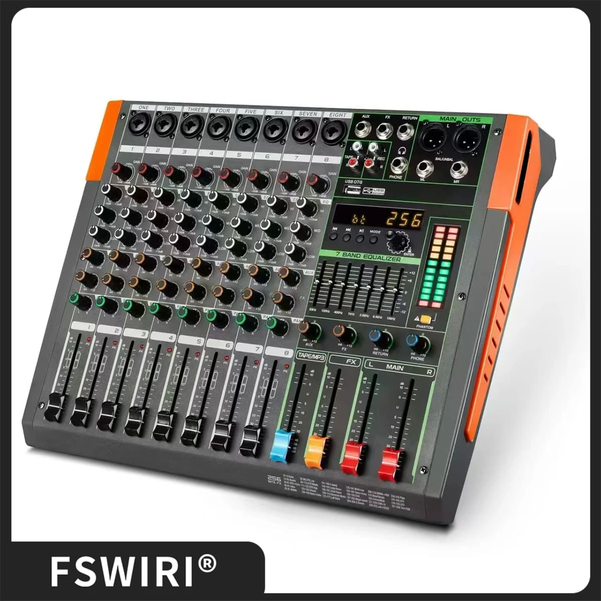 Mixer professionale FSWIRI 256DSP 7EQ a 6/8/12/16 canali con Bluetooth, USB, lettore MP3, effetto riverbero.