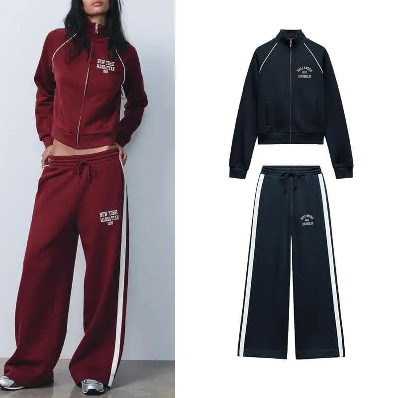 Fleece Lined Sweatshirt Jacket with Printed Velvet Fabric And Side Stripe Decorated Running Pants Long Sleeve Zipper Closure Set