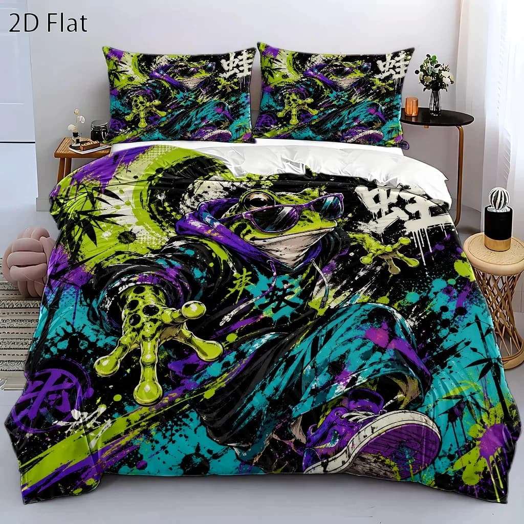 3Pc Trendy Street Graffiti Frog Duvet Cover Set, Three-Piece Bedding Set (1*Duvet Cover + 2*Pillowcases), Suitable for All Seasons, Machine Washable, Invisible Zipper Design, Large Double Bed Cover Set, Suitable for Home, Dormitory, Master Bedroom, Guest Room, Personalized Artistic Style Bedding Set, Fashionable Bedding, Trendy Cool Animal Pattern Duvet Cover Set, Durable and Skin-Friendly Bedding Set, Three-Piece Bedding Set