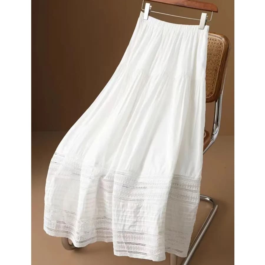 Gonna a trapezio in cotone bianco da donna, nuovo design primavera estate, con pizzo, lunghezza midi, comoda, traspirante, casual, per il lavoro