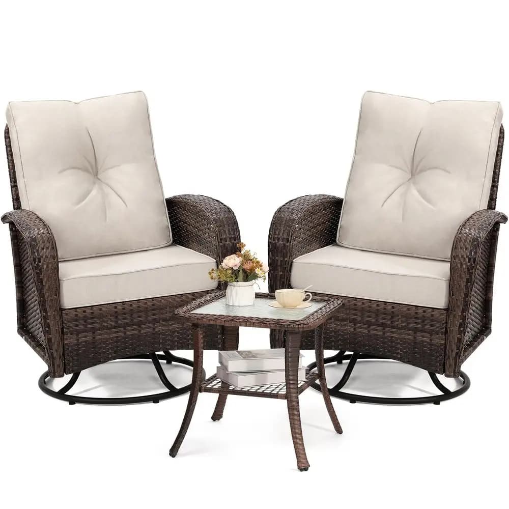 Outdoor Swivel Wicker Glider Patio Chairs with Table Set, Overstuffed Washable Cushions, Ideal for Porch, Balcony, Deck, Brown