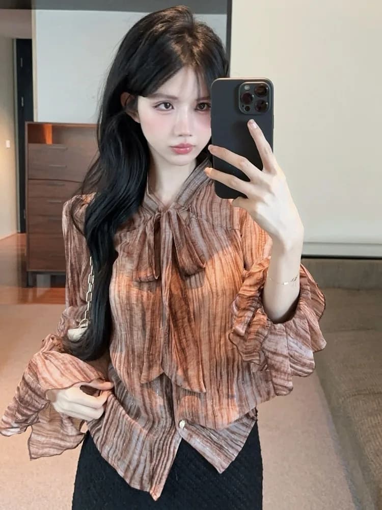 Korean Style Knot Belted Shiny Thread Stripe Flared Sleeve Shirt Women's Spring Summer New Light Maturity Slim Long...