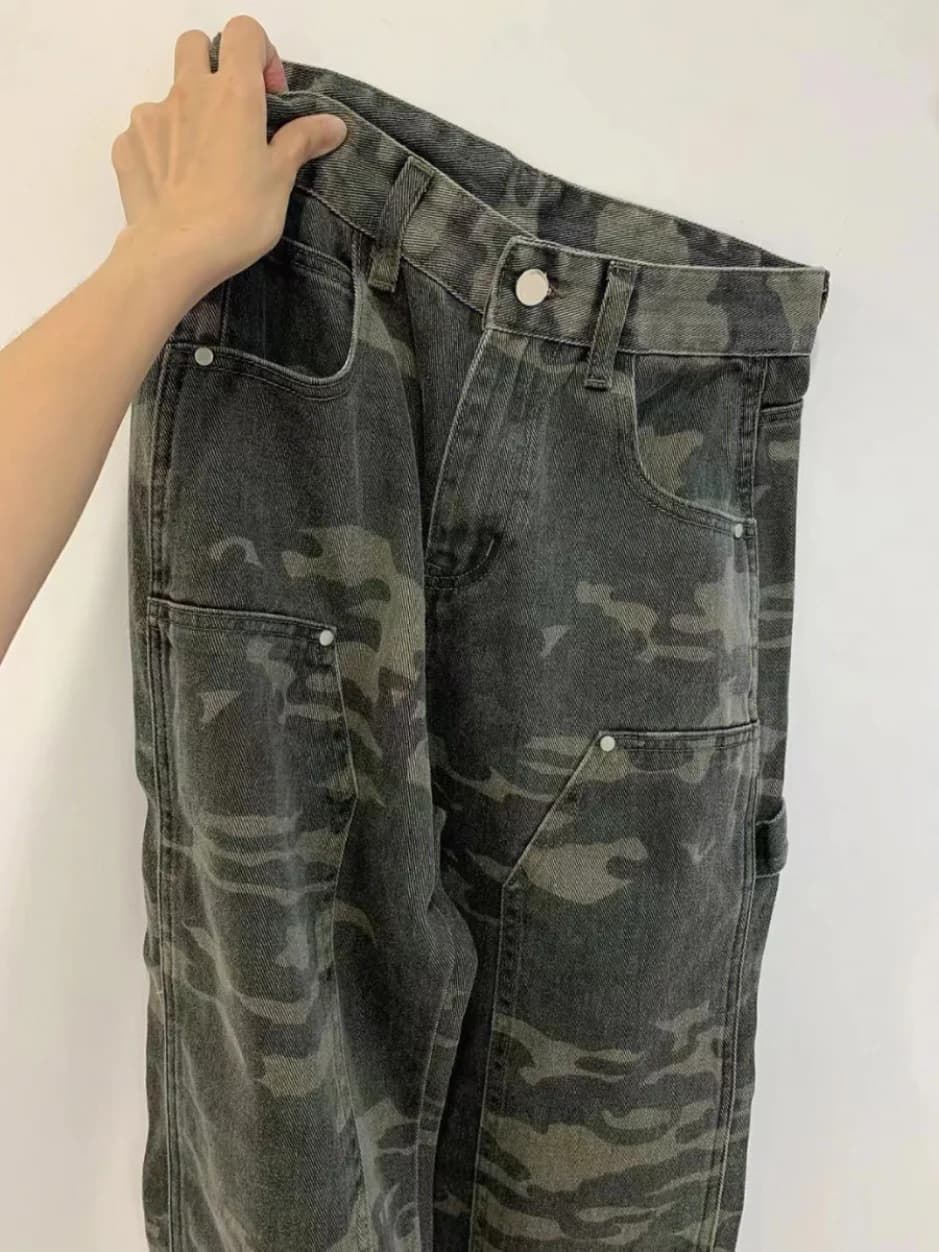 Jeans da Lavoro Mimetici, Gamba Dritta e Larga, Stile Americano Casual, Pantaloni Lunghi alla Moda per Uomo
