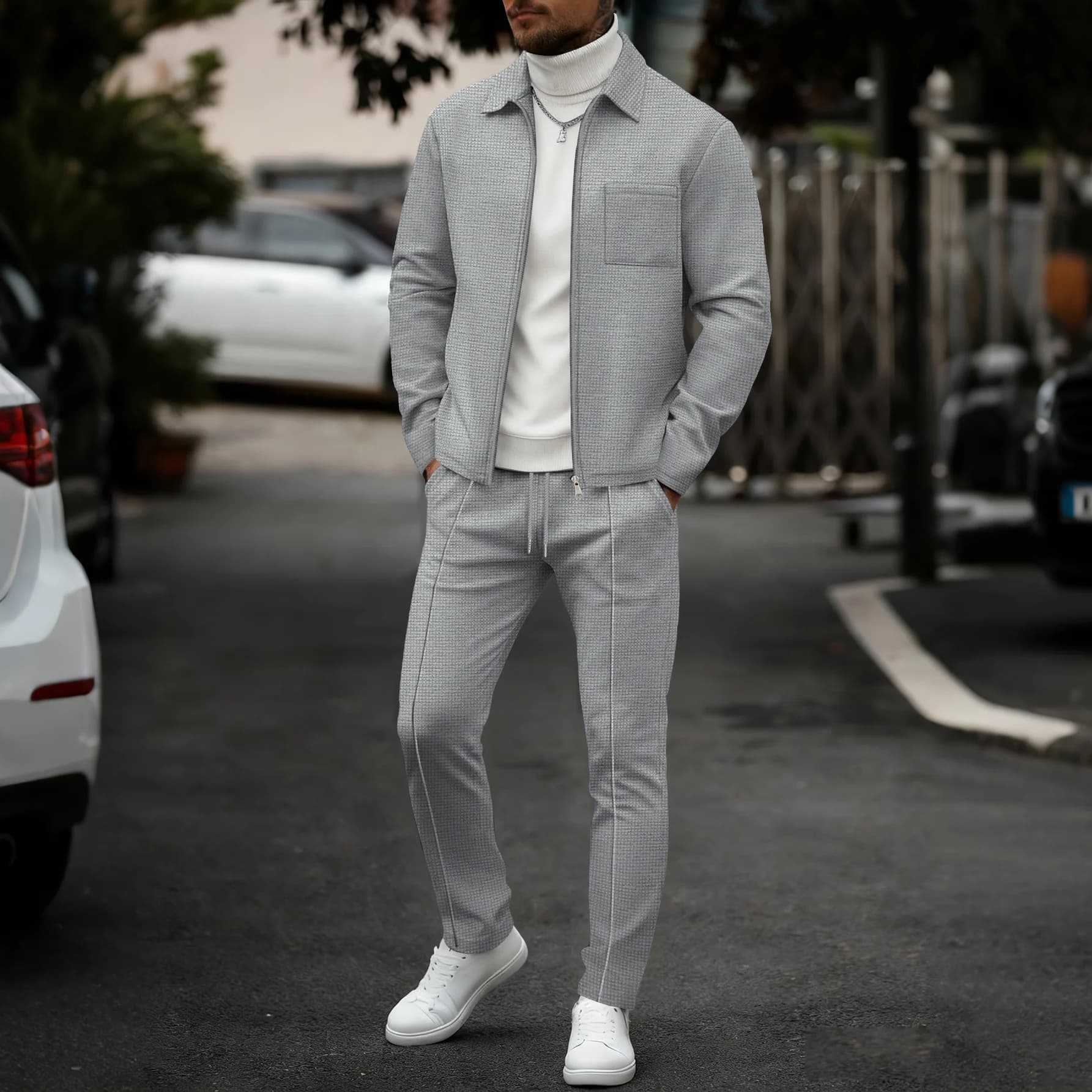 Mens Solid Waffle Knit Jacket Pants Set, Lapel Zip Up Top Elastic Waist Straight Trousers Casual 2 Piece Suit