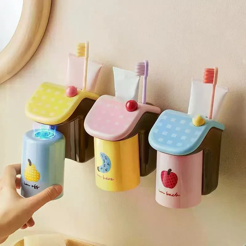 1 Set Toothbrush Cup Holder House Shape No Drill Magnetic Wall Mounted Bathroom Storage No Mold Space Save