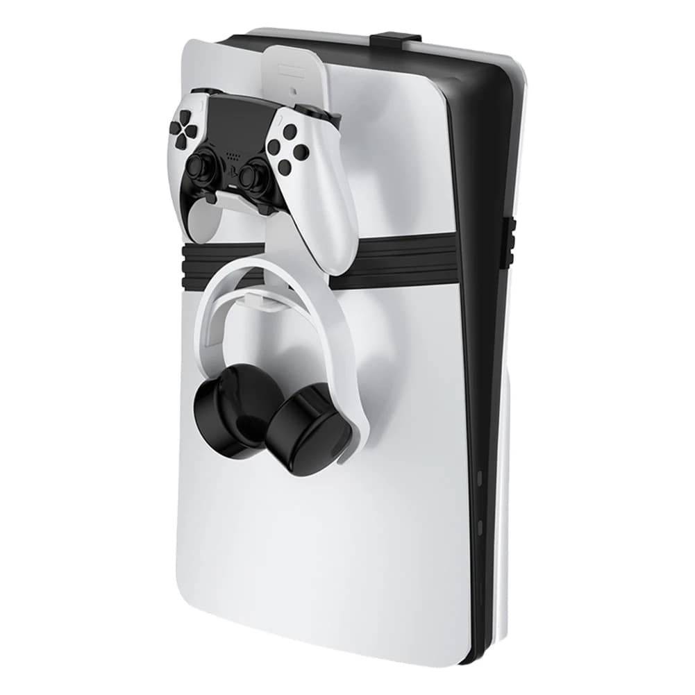 Supporto a Parete per PS5 Pro/PS5 Slim/PS5, Staffa di Stoccaggio, Appendiabiti per Controller e Cuffie, Espositore per Accessori da Gioco