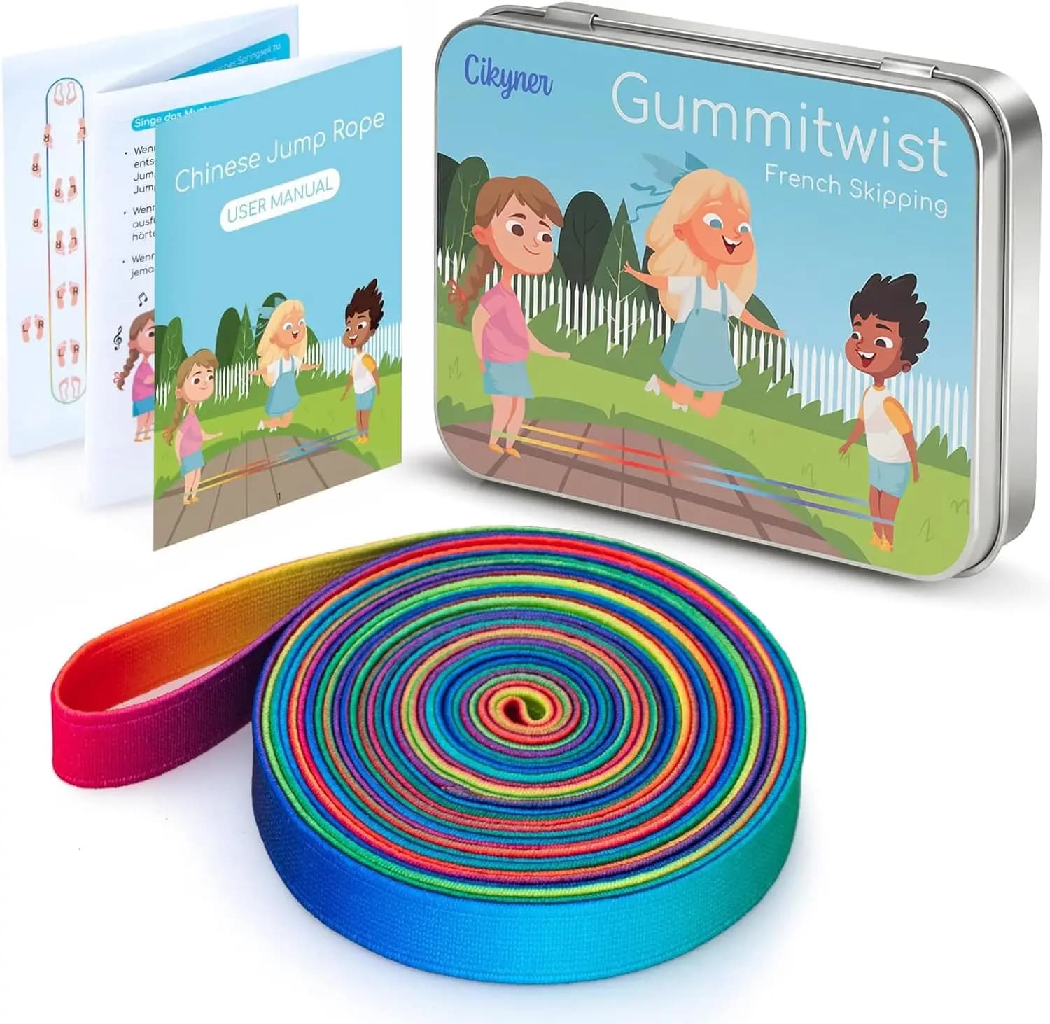 Corda per saltare elastica cinese da 4 m con istruzioni, corda per saltare francese arcobaleno per giochi all'aperto per bambini, regalo per ragazze e ragazzi