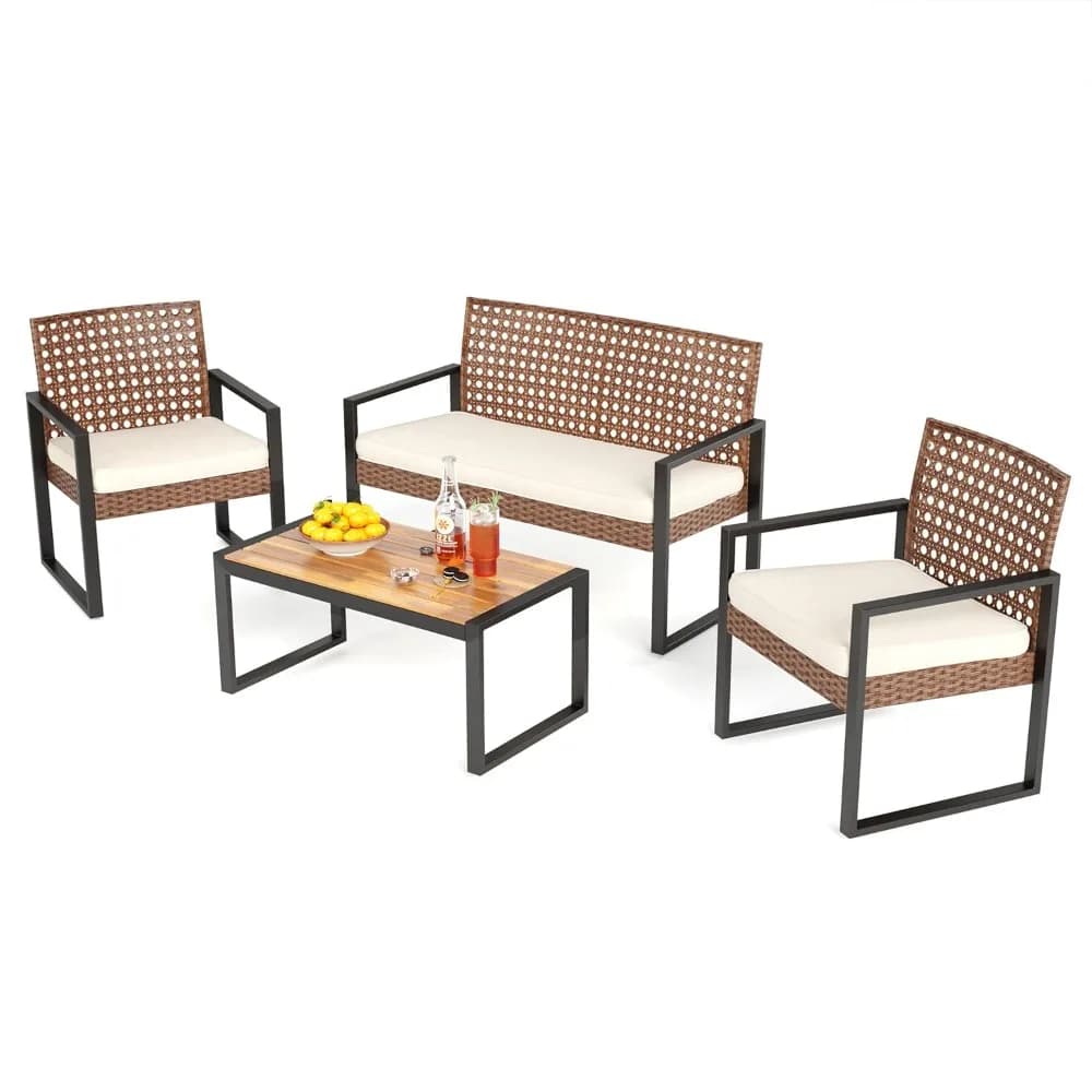 Garden Furniture Set for 4 Persons, Sofa and Chairs in Rattan Brown with Beige Bearings and Acacia Wood Table, Customizable