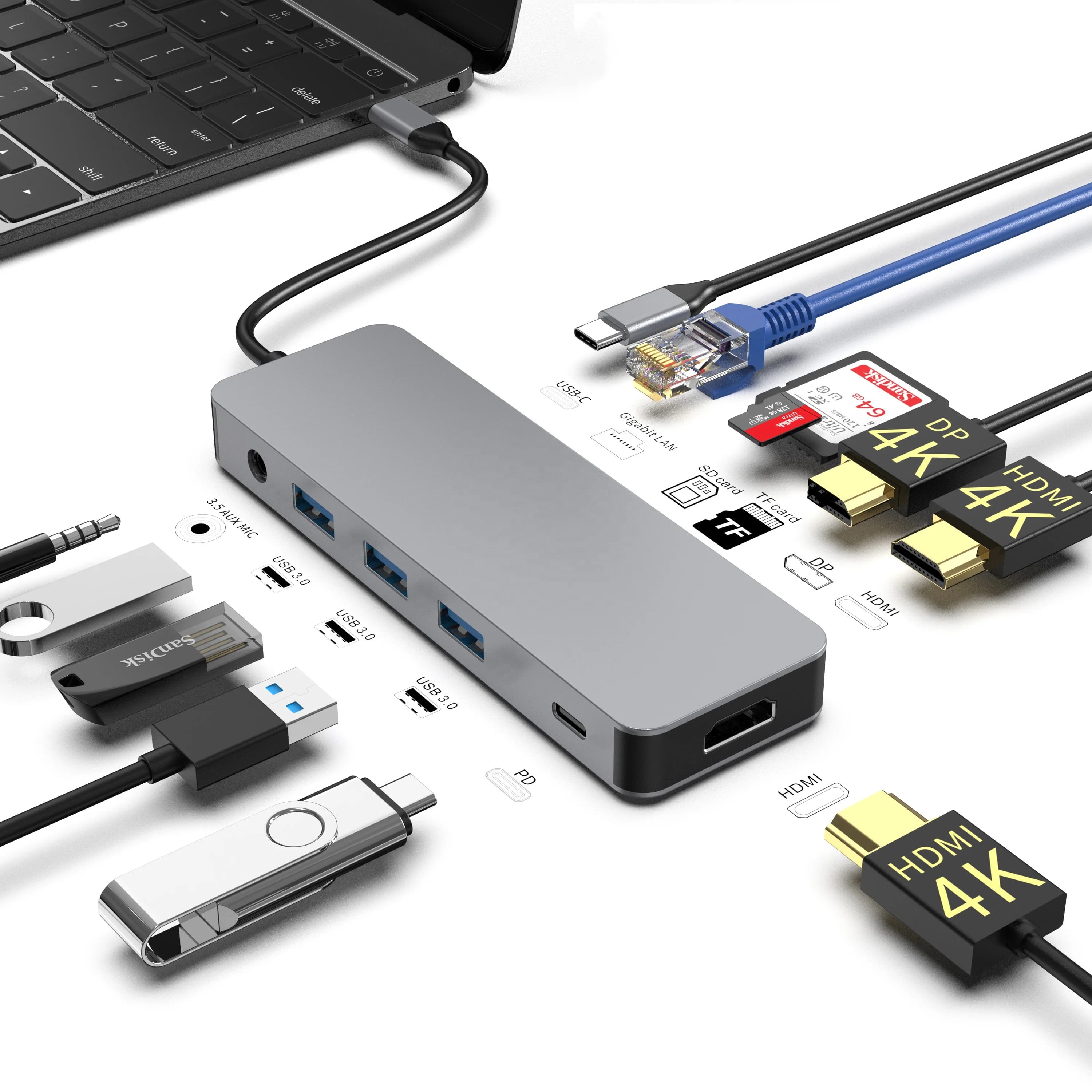 12 in 1 Type C Docking Station with DP Dual HD 4K60HZ 3 Monitors Display Ports USB 3.0 USB C Charging Hub